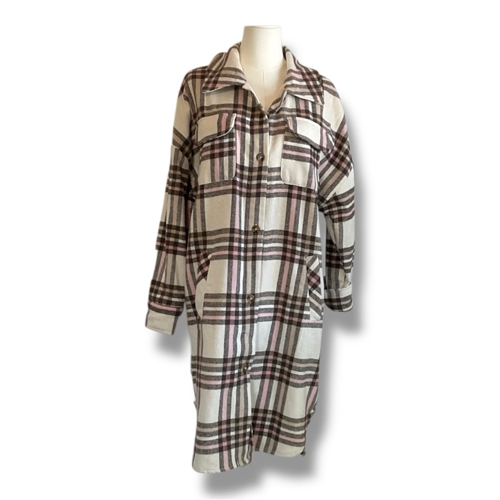 Ci Sono Plaid Shacket Long‎ Shirt Jacket Cream Brown Pink  Flannel Size Medium